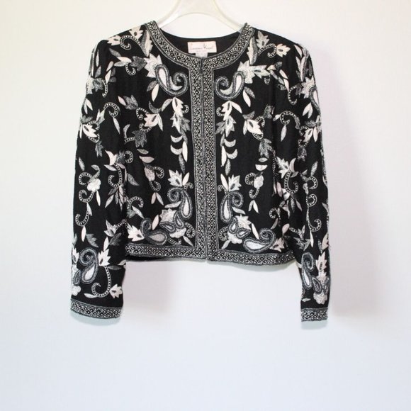 Vintage Laurence Kazar Silk Beaded Embroidered Blazer Jacket Black XL H13428 - Picture 11 of 12